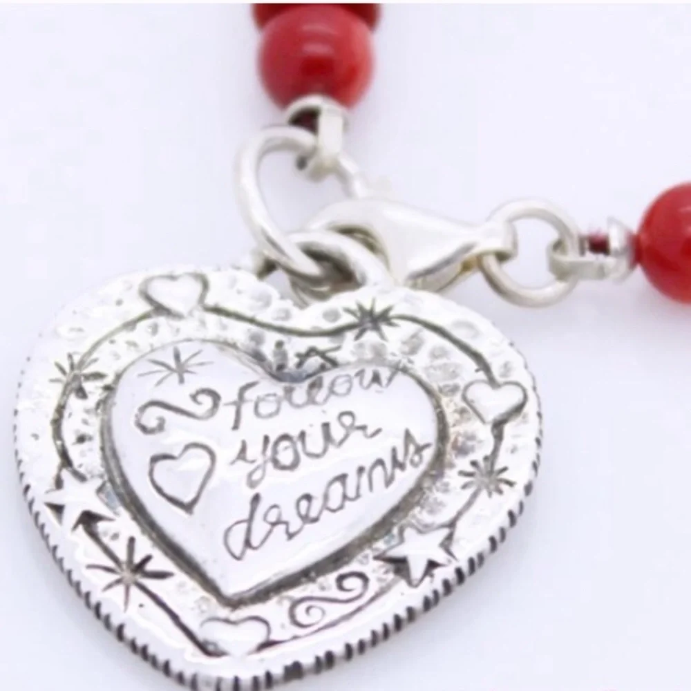 Rare Vintage Silpada Red Coral Sterling Silver Heart Charm Bracelet B0937